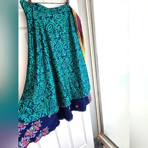 Silk Sari Wrap Skirt, Goddess Ankle Plus Size, blue & green